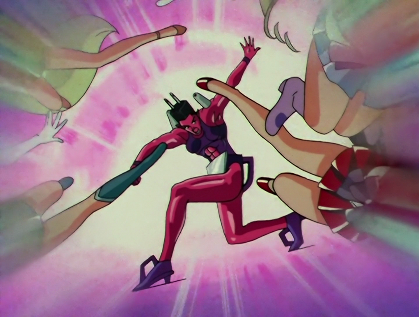 Irondar from further away, and we can see Sailor Moon, Sailor Mercury, Sailor Mars and Sailor Venus being blasted away  from her. We can also see more of the iron-like aspects of her design, mainly the handles on her shoes and butt.